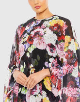 Black Multicolor Floral Print High Neck Ruffle Hem Cape Mini Dress